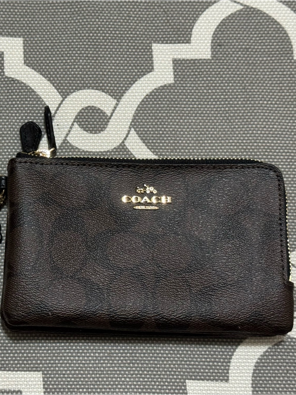 COACH Dark Brown Leather Wristlet with Gold Hardware